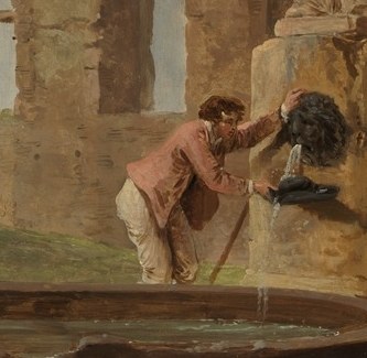 Look at the man tending the fountain.