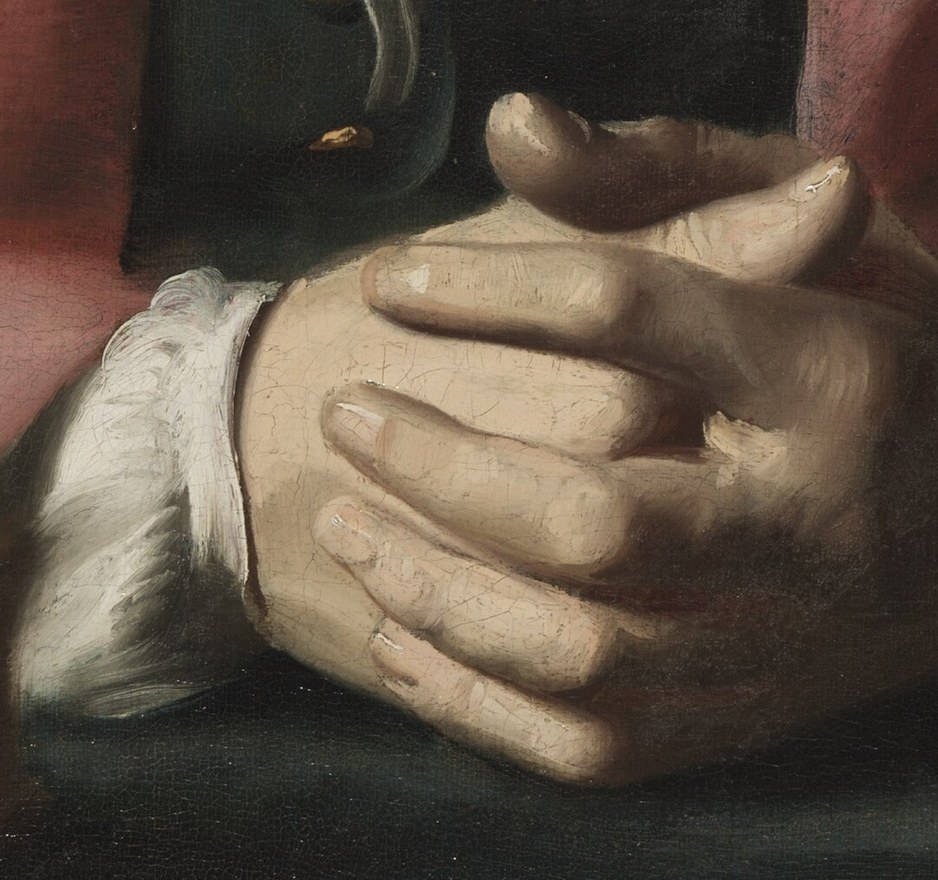 The careful rendering of the hands suggests a controlled and perhaps anxious state.