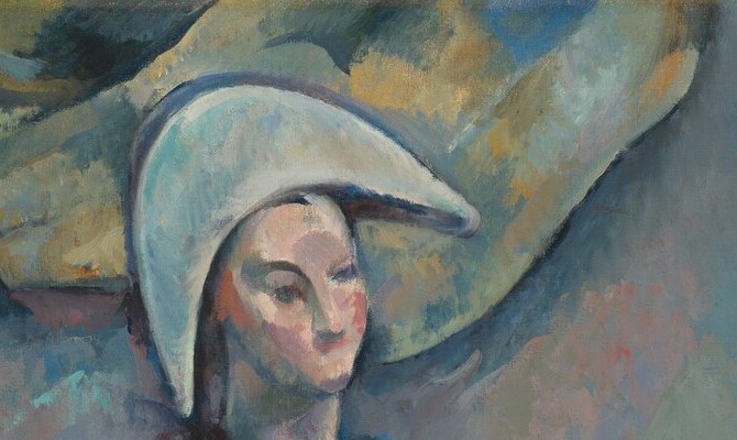 The stark white hat is the highest-contrast element in the painting and immediately signals Commedia dell'arte identity; its flatness against the muted background echoes the mask-like treatment of the face below.