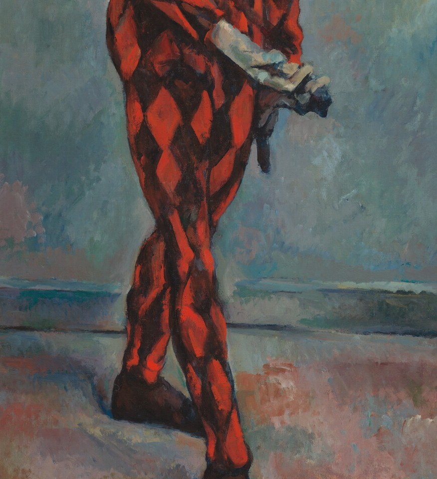 The pattern continues unbroken from tunic to legs, unifying the figure as a single decorative surface , a proto-modern flattening of the body into design.