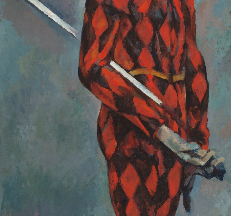 A prop, not a weapon , it cuts a strong diagonal across the composition, giving the static pose unexpected dynamism and marking Harlequin's buffoon status rather than heroic identity.