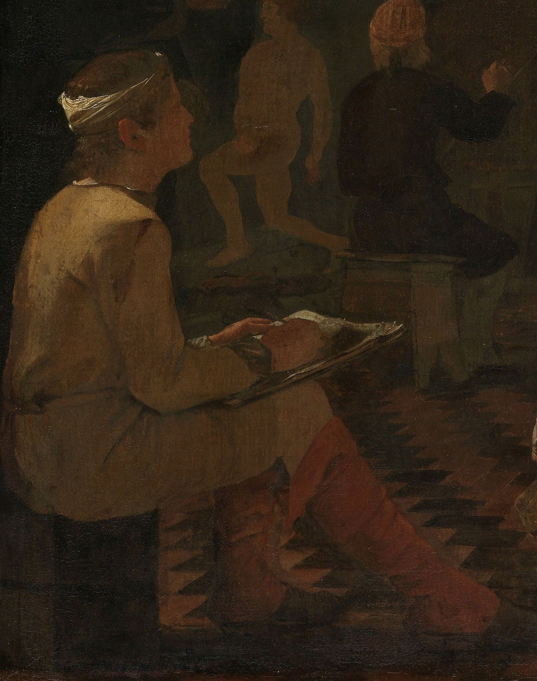A central artist is engrossed, sketching his next work.