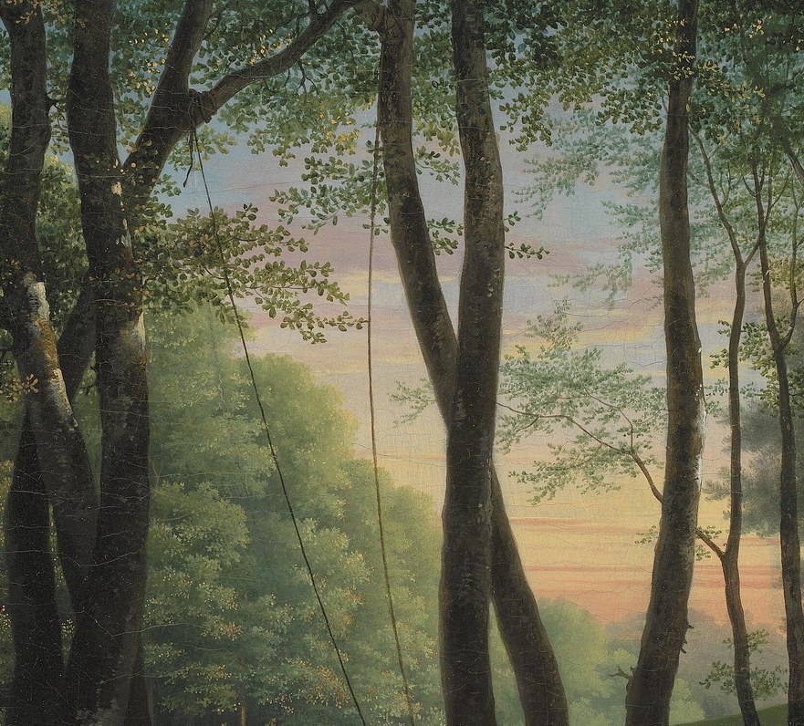 Walk your eye past the dark trees, into the light.