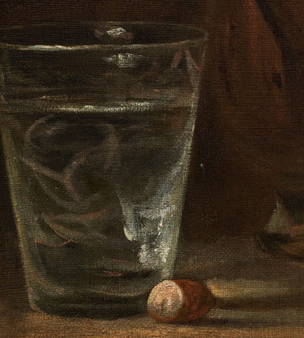A technical tour de force: Chardin renders transparency, light refraction, and the slight distortion of objects seen through glass simultaneously , a key passage of his painterly virtuosity.