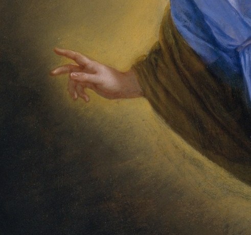 Look at Gabriel's hand. It is mid-sentence, frozen.