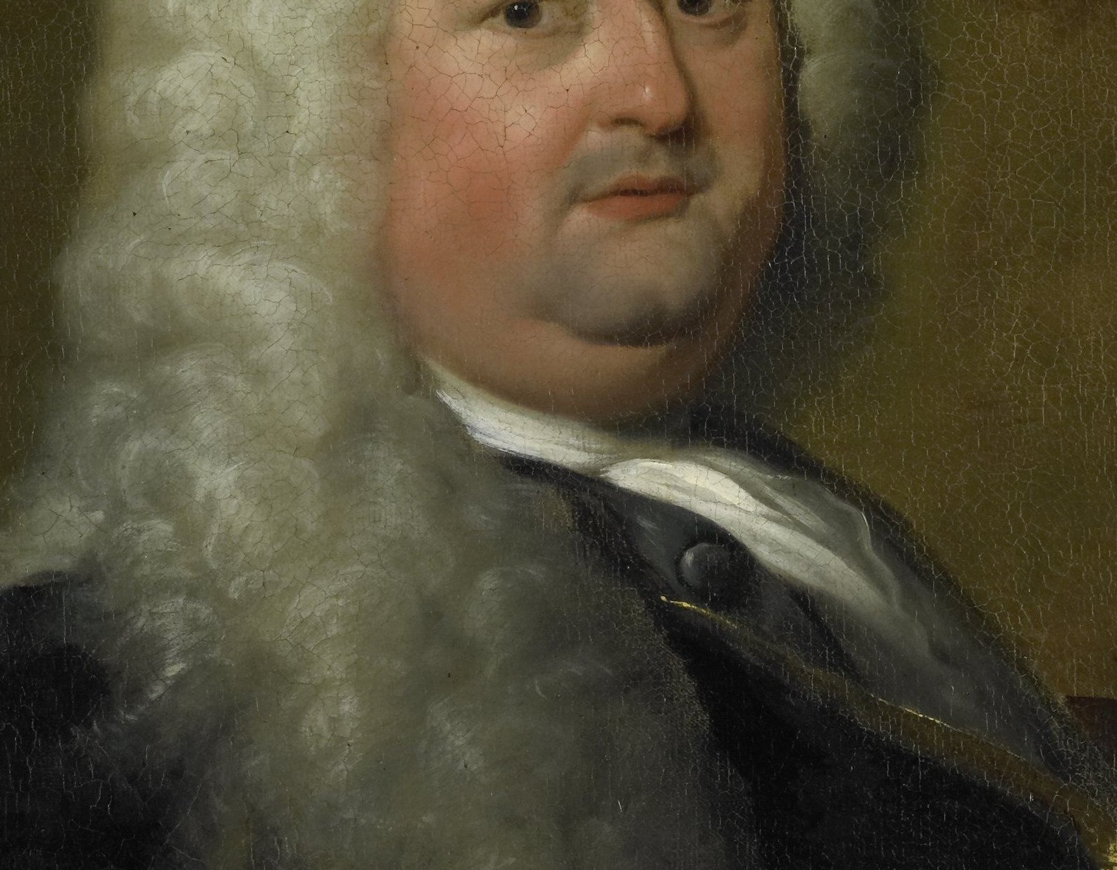 His imposing white wig was the fashion of the 1750s.