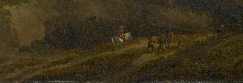 Travelers cross the valley floor on foot.