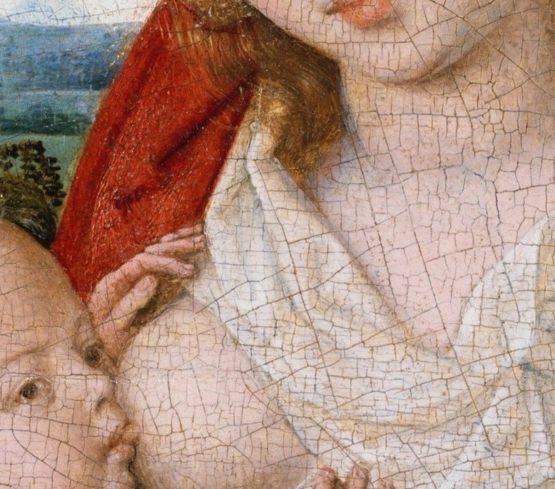 The infant looks upward while nursing, creating intimate eye-contact tension; the human vulnerability of the divine child is Memling's theological statement.