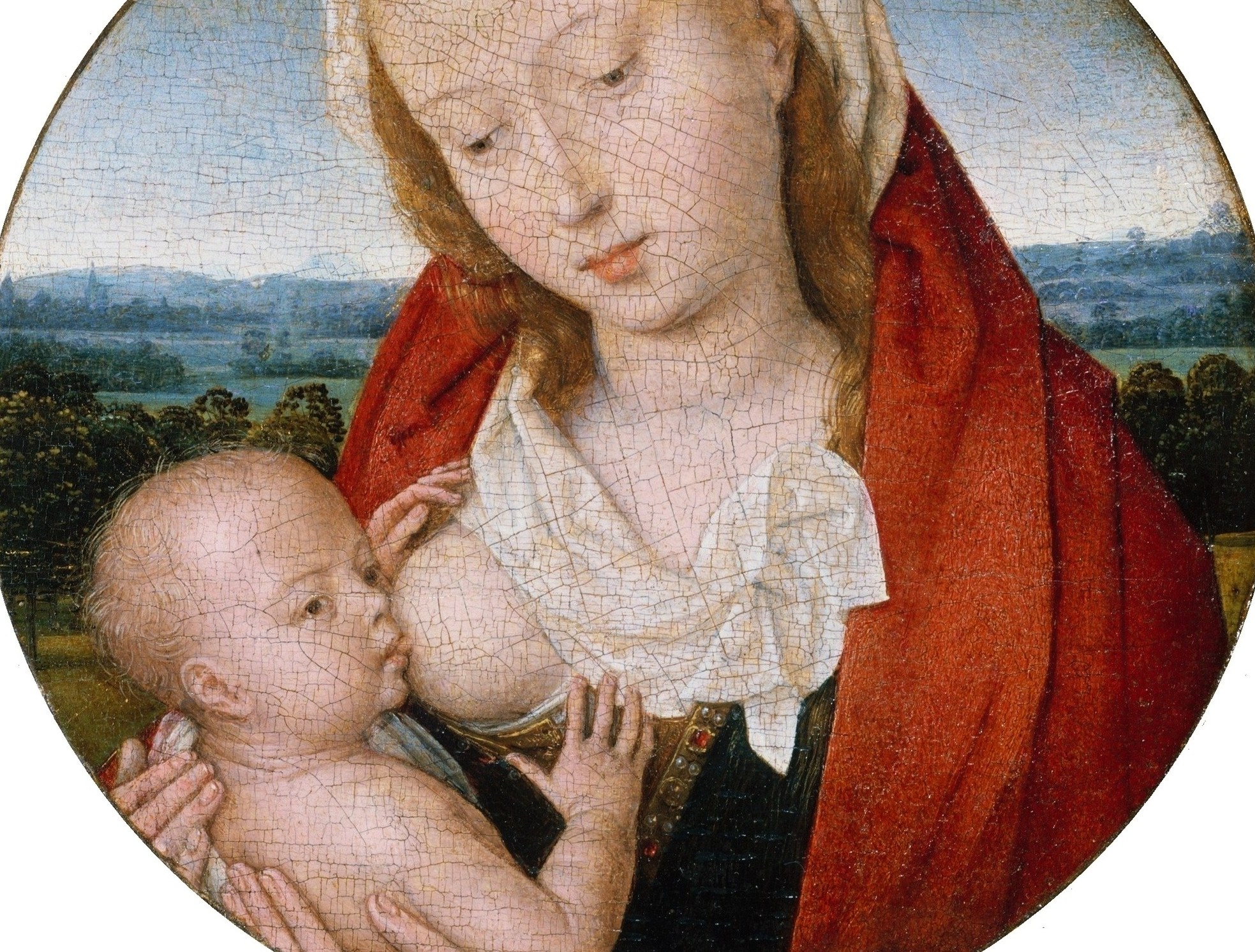 The saturated red commands the composition and was an expensive pigment choice (vermillion); it signals both royalty and the blood of the Passion.