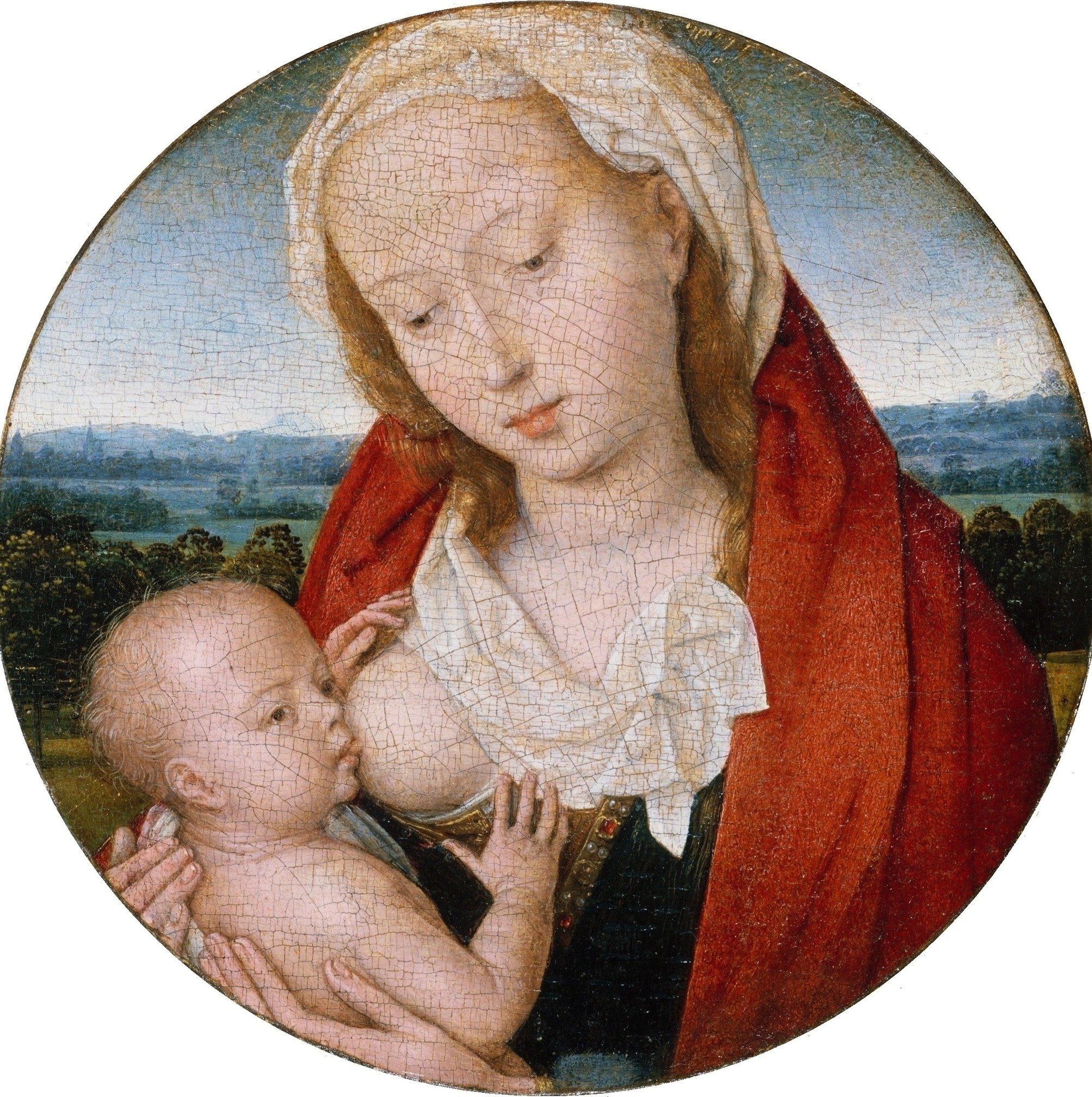 The circular tondo format was unusual in Netherlandish painting and associated with private devotional objects; the shape itself is a meaning-carrying choice.