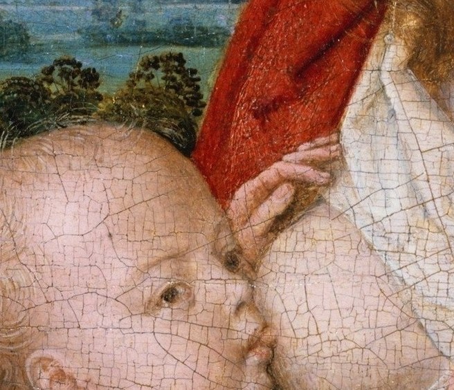 The gentle cupping gesture is protective yet tender , one of Memling's most carefully rendered passages of foreshortening and touch.