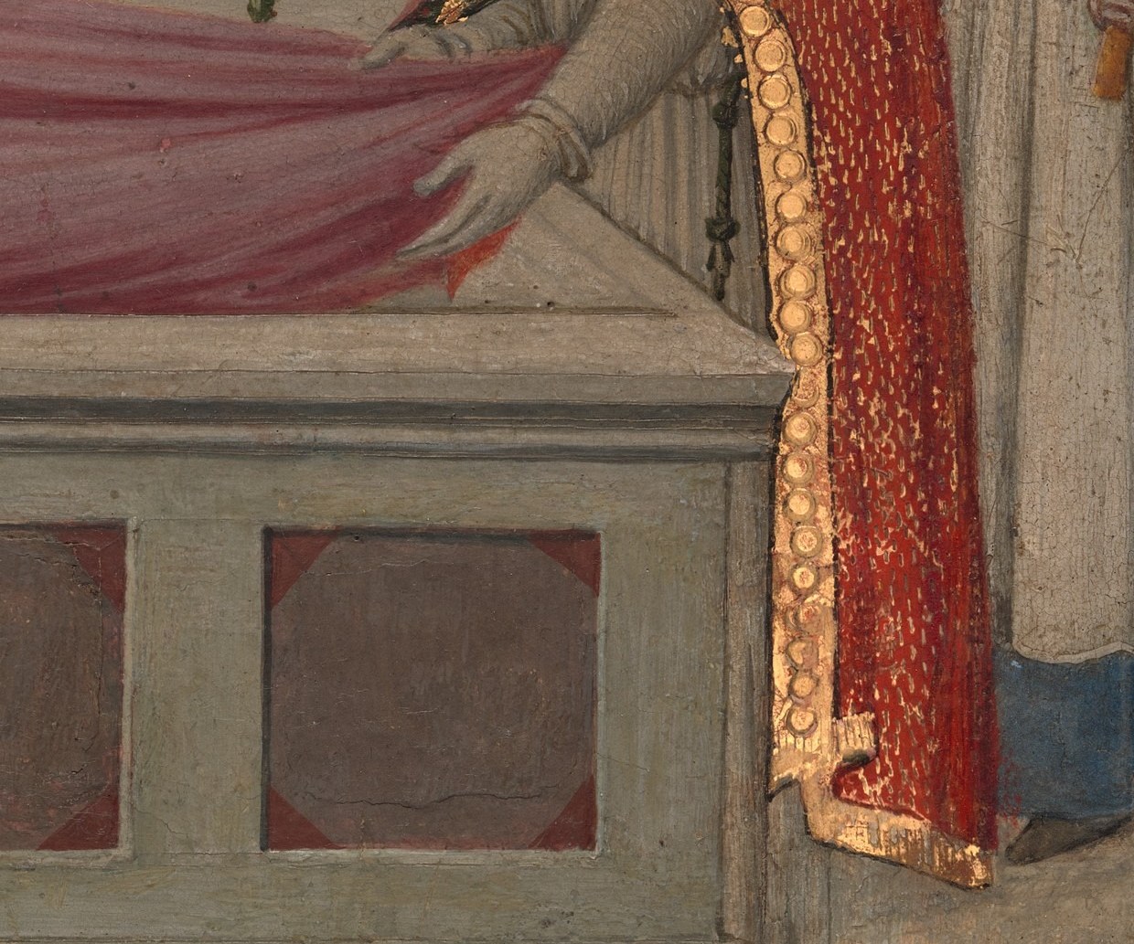 A bishop presides, surrounded by angels and acolytes.