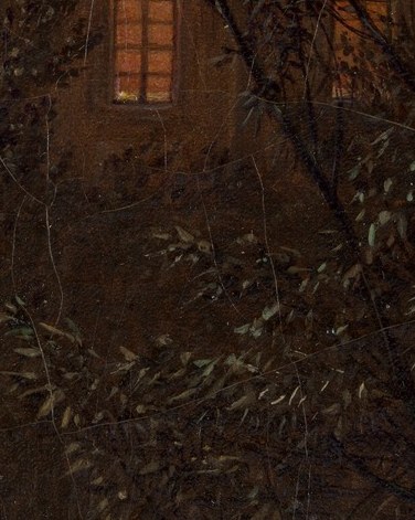 The only warm colour in a uniformly cold-blue scene; a single rectangle of candlelight implies human presence deep inside the darkened building, making solitude and shelter feel simultaneous.