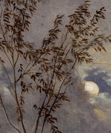 The painting's sole natural light source , a softly glowing disc half-veiled by haze, around which the entire tonal hierarchy of the scene is organised.