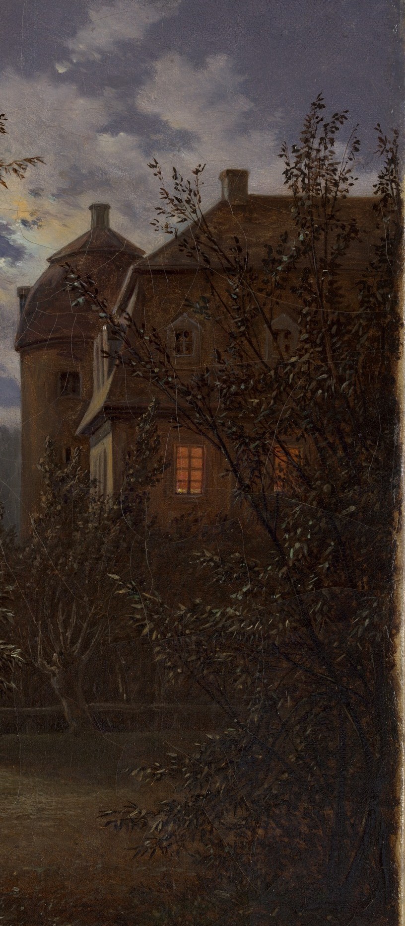 The building is largely swallowed by shadow , only its silhouette and that one window confirm its presence, a Romantic vision of a noble seat absorbed by night rather than commanding it.