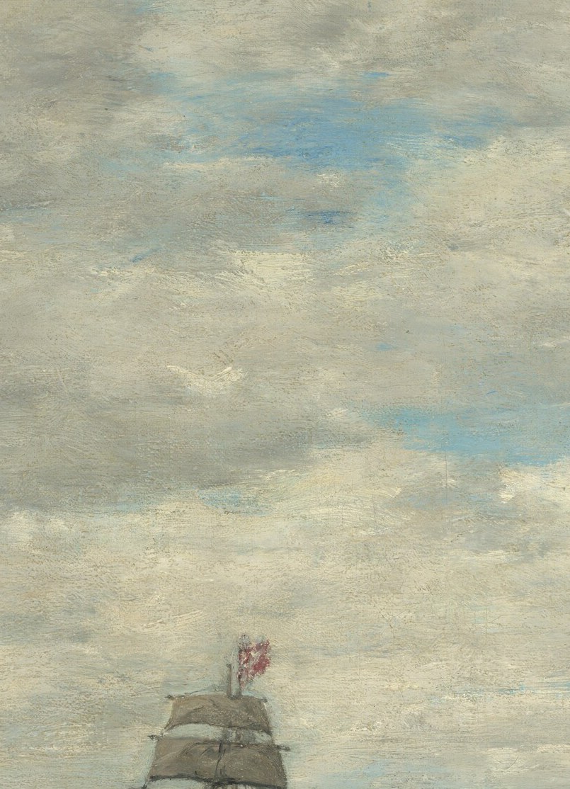 The dominant vertical anchor of the composition; its dark silhouette against bright sky creates a natural focal point and embodies the working maritime world Boudin documented