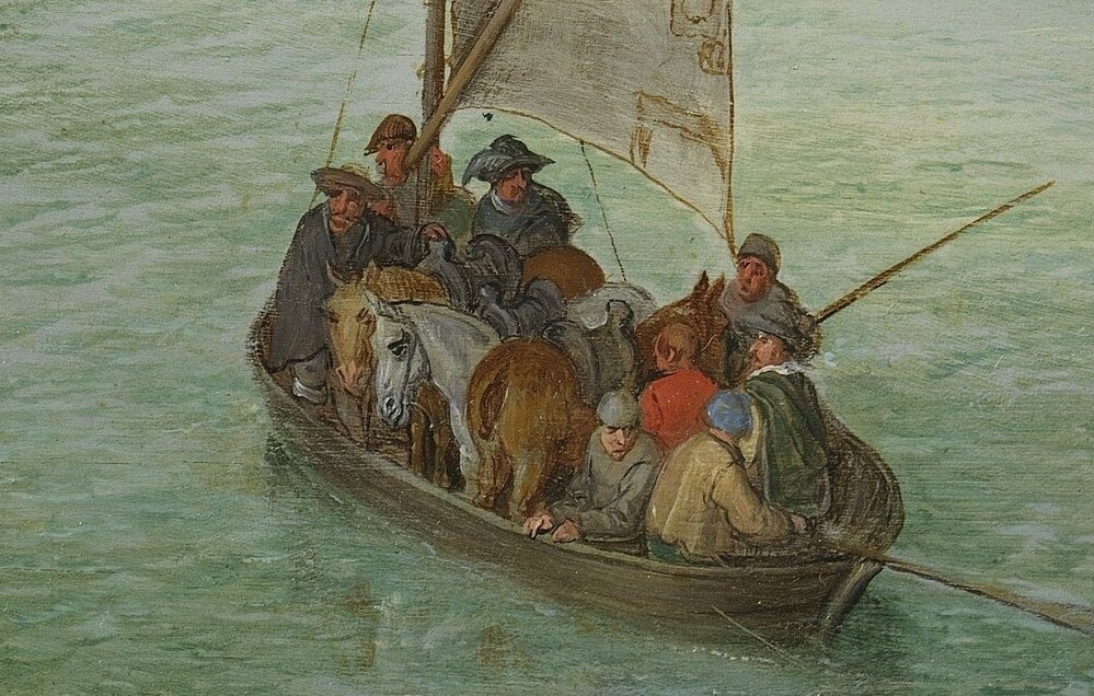A packed ferry cuts across the harbor.