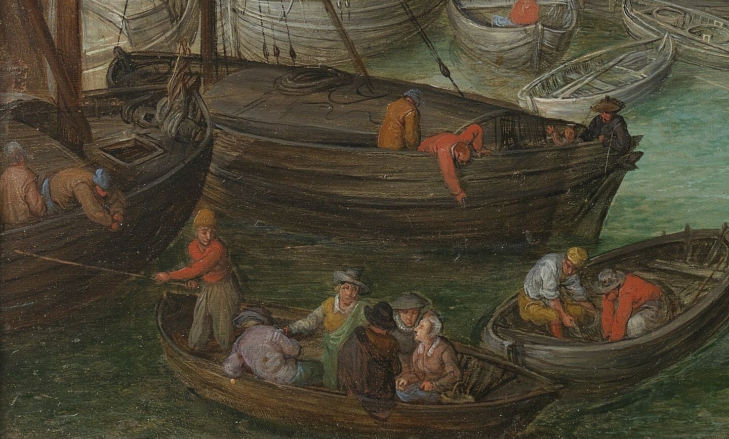 Its prominent position and scale suggest it's a key element of the harbor activity.