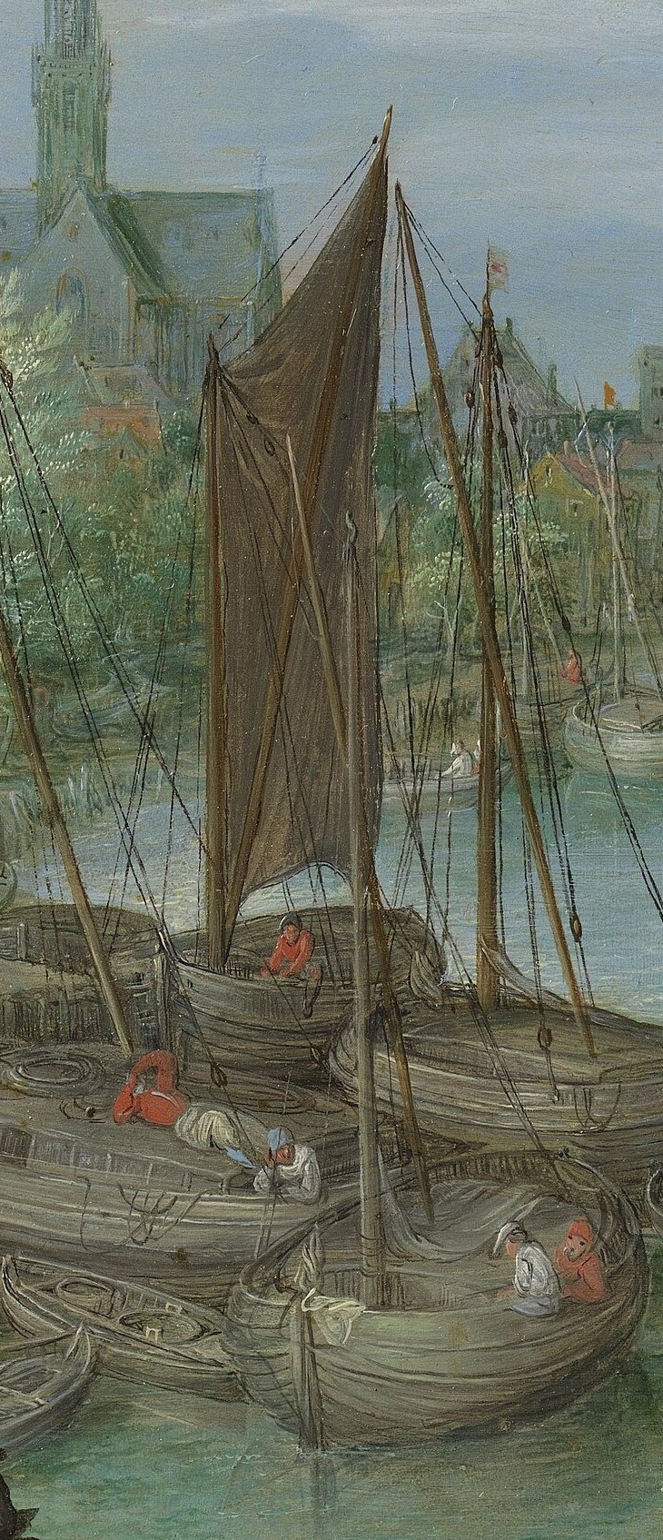 Its masts dominate the mid-ground, indicating its importance in the river traffic.