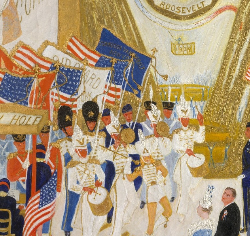 Patriotism and financial pageantry are inseparable here , the flags blur into bunting, making it impossible to tell a civic parade from a market celebration.