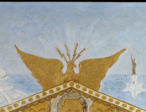 The painting's single most compressed symbol , nationhood, predation, and financial sovereignty all fused into one heraldic gilded bird atop the temple of capital.
