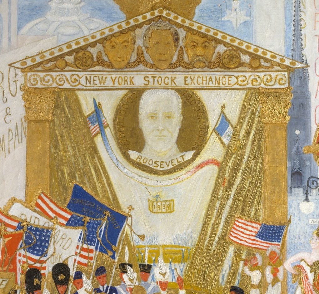The entire exchange is gilded and columned like a Greek temple , Stettheimer's sustained central irony that Wall Street is America's true house of worship.