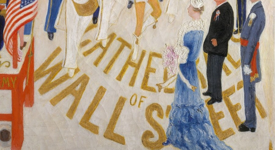 The artist inscribes her satirical thesis directly onto the canvas surface , the painting announces its own argument, collapsing artwork and editorial cartoon.