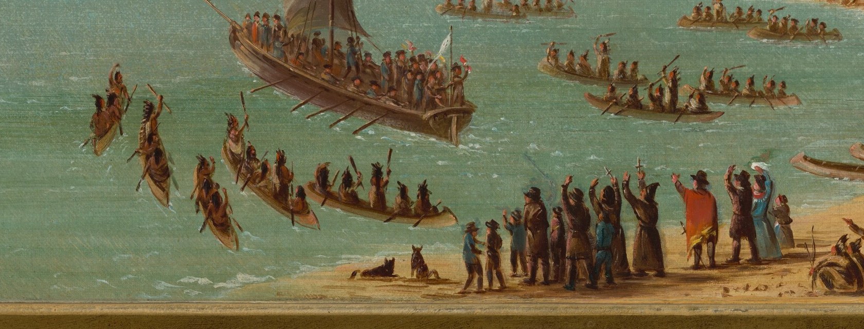 Numerous canoes, likely indigenous, also navigate the water.