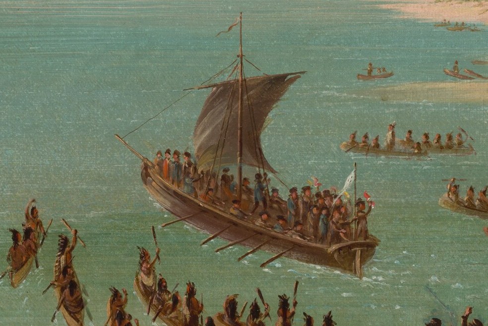 A large ship departs, likely carrying French explorers or traders.