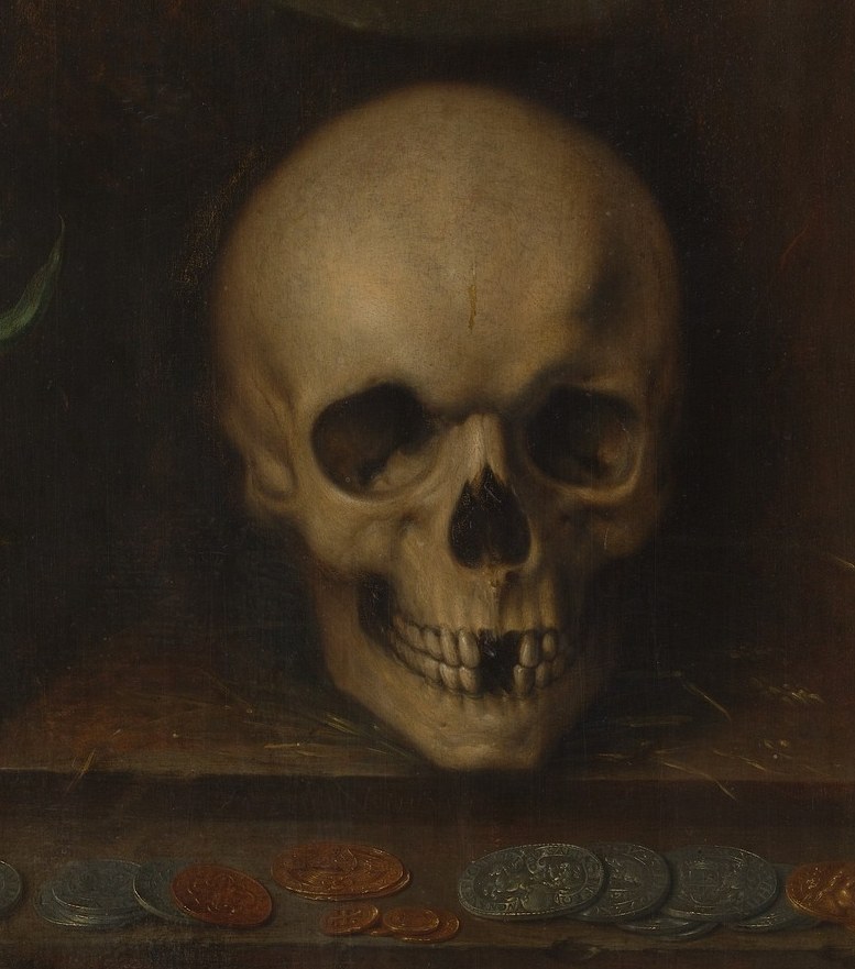 The primary memento mori anchor; frontal placement and raking light give the eye sockets deep shadow that draws the eye immediately, making mortality literally face the viewer.