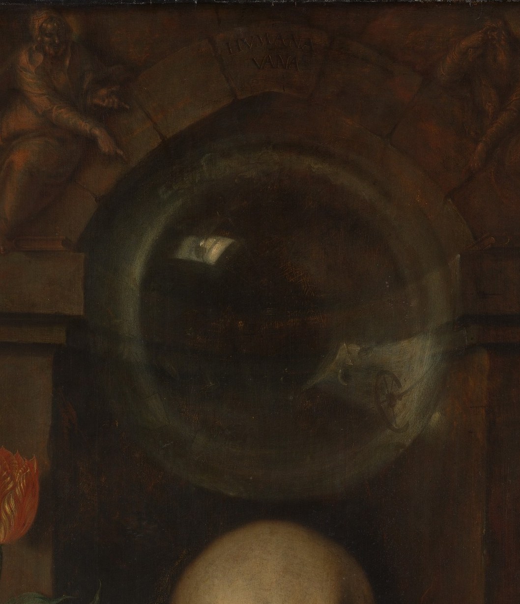 An extraordinary virtuoso conceit , the homo bulla ('man is a bubble') symbol rendered at near-life scale; its translucency and reflected highlights required mastery of thin glazes and is one of the earliest monumental bubble renderings in Western art.