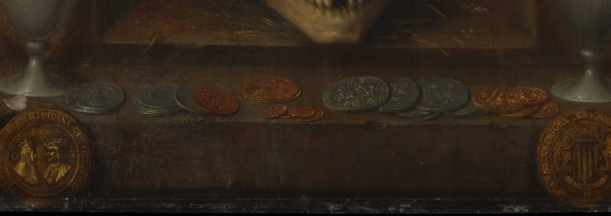 Earthly wealth deliberately spread across the whole bottom edge , wealth you cannot take with you; their glinting surfaces contrast with the dull bone of the skull just above them.
