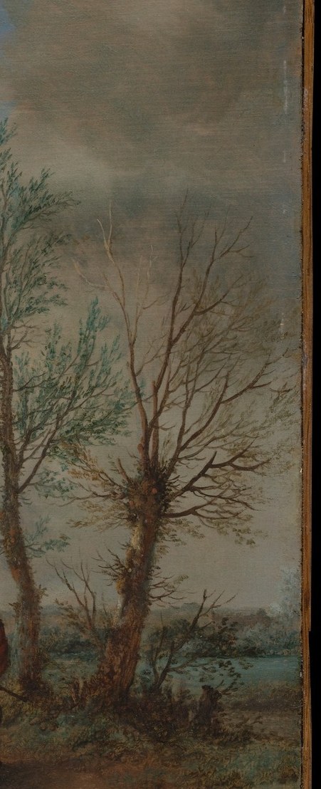 Skeletal winter or late-autumn trees frame the right margin and give seasonal cues; the vertical rhythm echoes the horses' necks