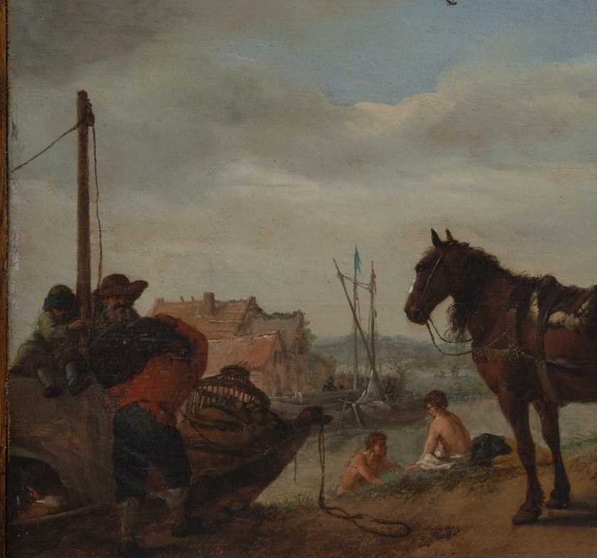 Contrasts with the white horse to create a narrative of different social registers traveling the same road