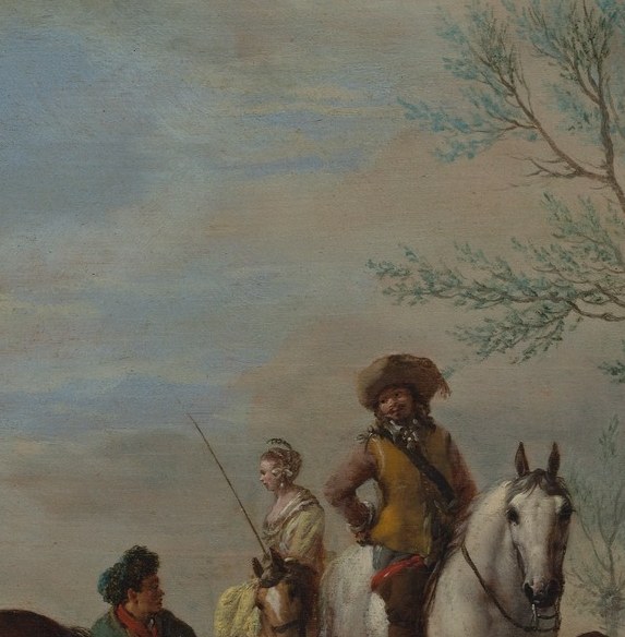 Her upright posture and clothing mark social status; sidesaddle position was a gendered convention worth noting for historical context