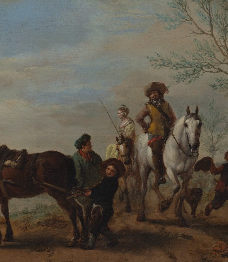 The luminous white horse is Wouwerman's signature motif , its brightness anchors the entire composition and draws the eye to the central couple