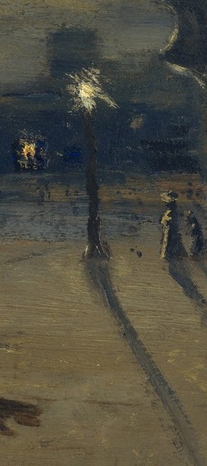A solitary figure on the far right sidewalk. Totally disconnected.