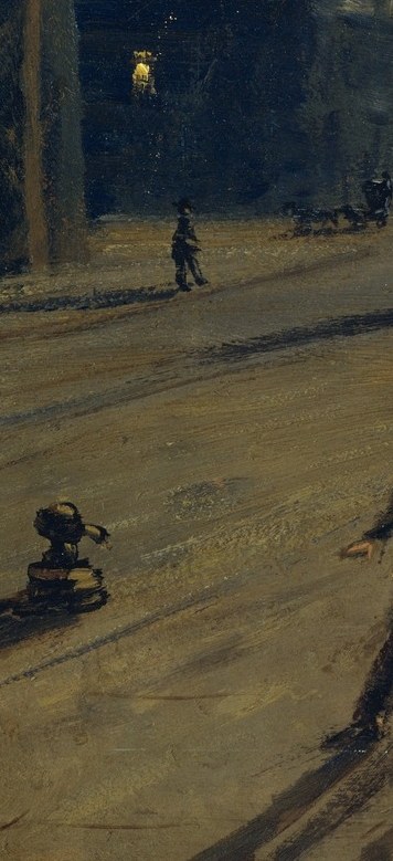 A man strides home alone. Long, exaggerated shadows.