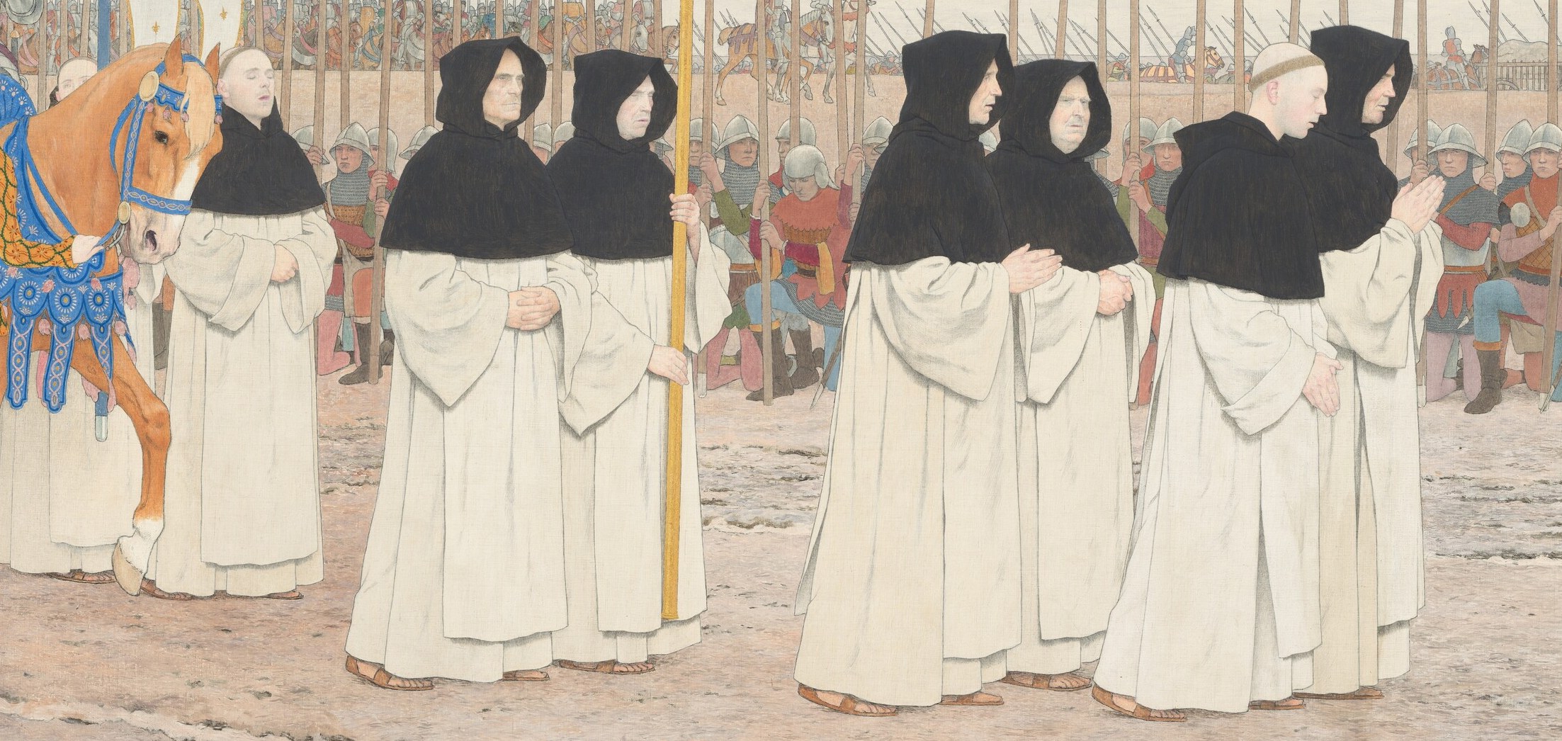 The solemn procession of monks suggests religious support or a spiritual context for Joan's mission.