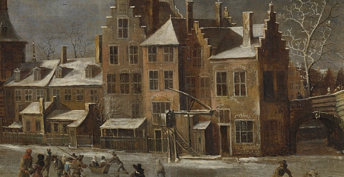 The varied architectural styles and textures of the houses reveal Dutch urban life and building practices of the era.