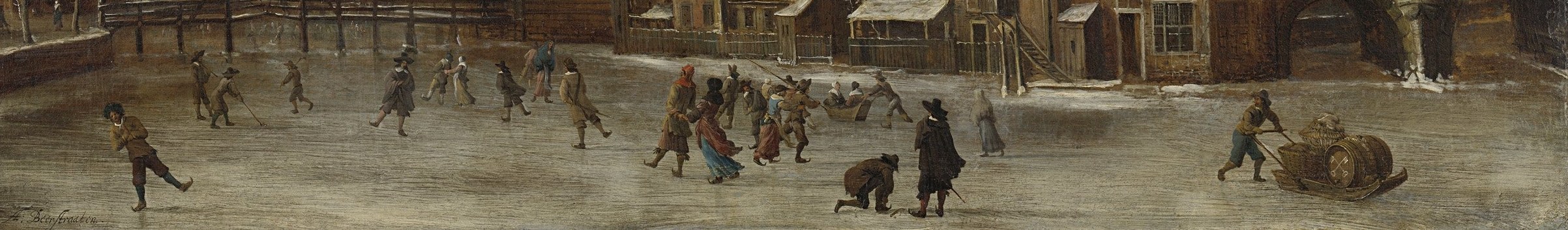 Skaters fill the frozen canal. The whole town is outside.