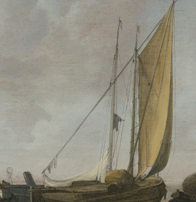 Its tautness and color suggest a gentle breeze, a key element of the 'calm sea' theme.