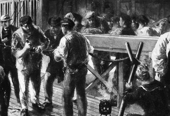 Workers are connecting the first transatlantic telegraph cable.