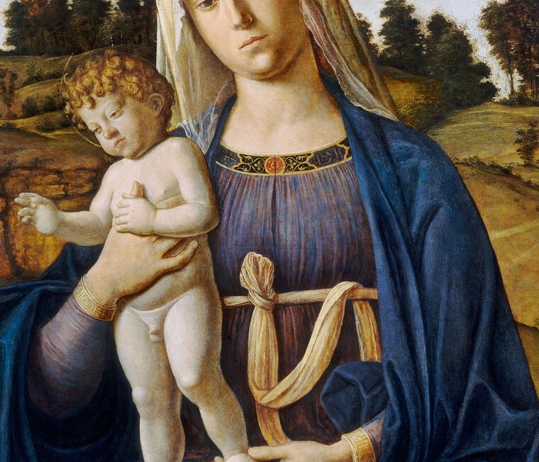 Nude infant standing upright on the Madonna's lap, gesturing outward; his frontal pose breaks the picture plane and directly addresses the viewer as if blessing them.