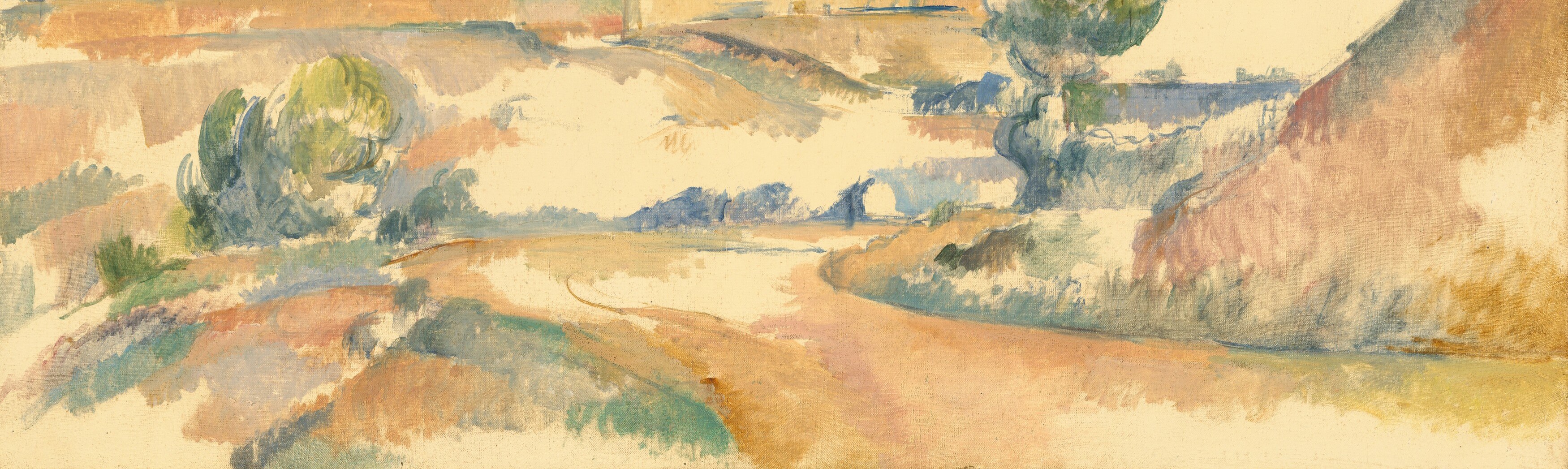 Broad sweeping strokes in ochre, tan, and muted orange compress spatial recession , the foreground slopes up rather than back, collapsing depth in the way that fascinated later painters.