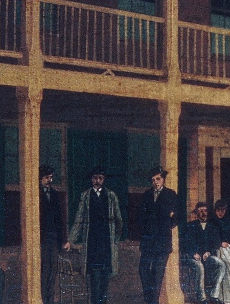 Men in dark coats gather. A woman in white stands apart.