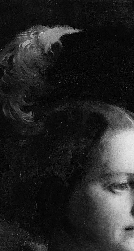 The elaborate hairstyle and feather suggest a formal occasion and the fashion of the era.