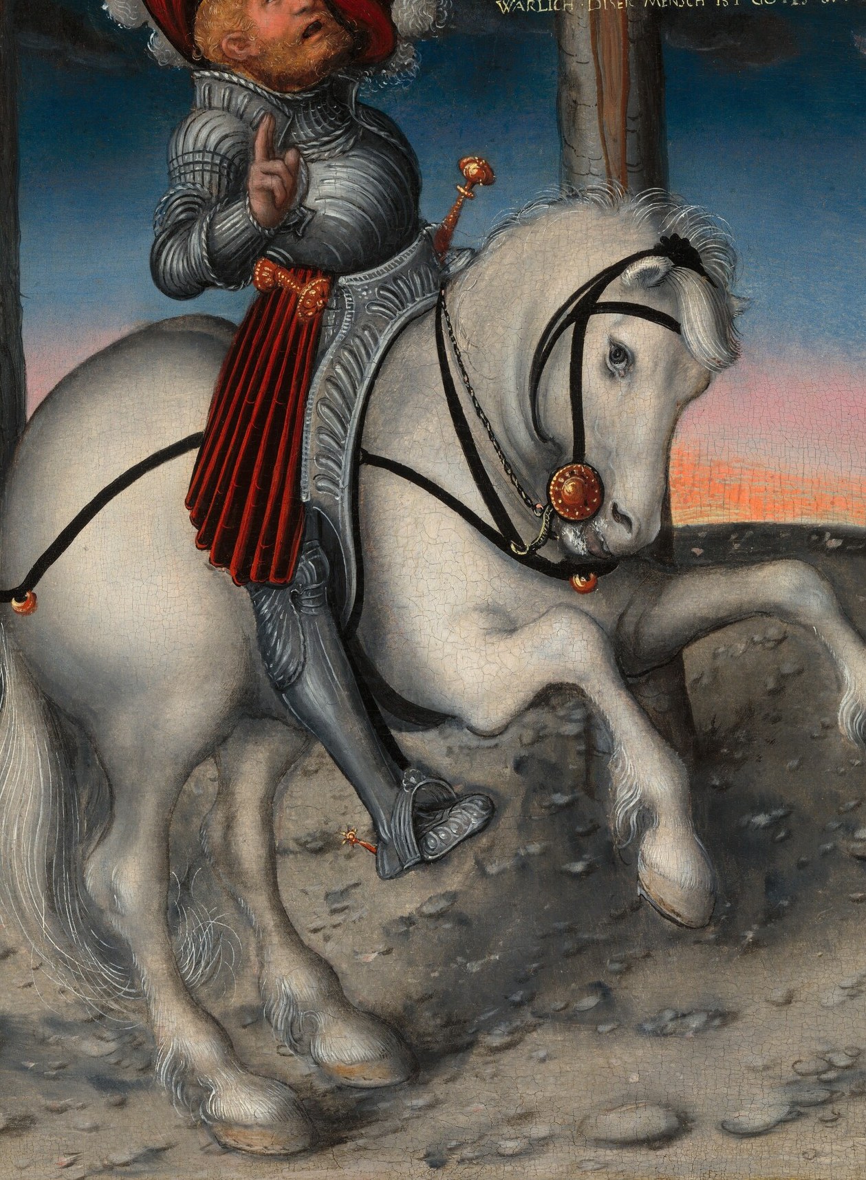 Cranach's horse is massive and dominates the lower canvas; the animal's calm contrasts with the spiritual upheaval of its rider , a signature Cranach device.
