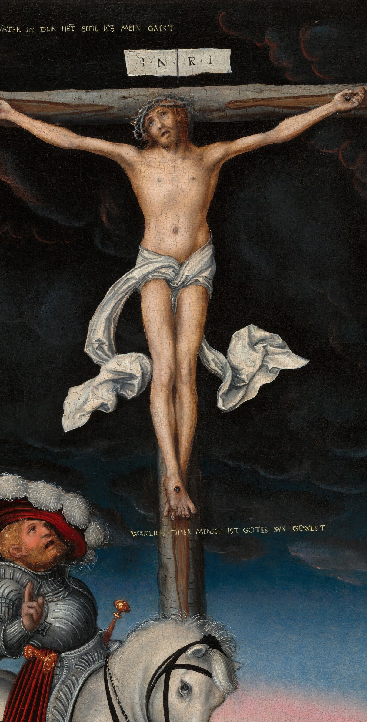 The focal theological figure; arms outstretched, head bowed, corpus rendered with anatomical care against the brightening sky , the composition's emotional anchor.