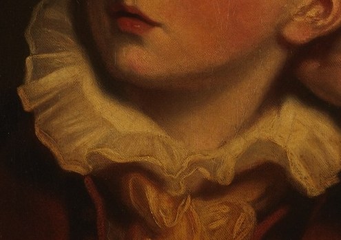 The intricate texture of the lace collar is a testament to the artist's skill.